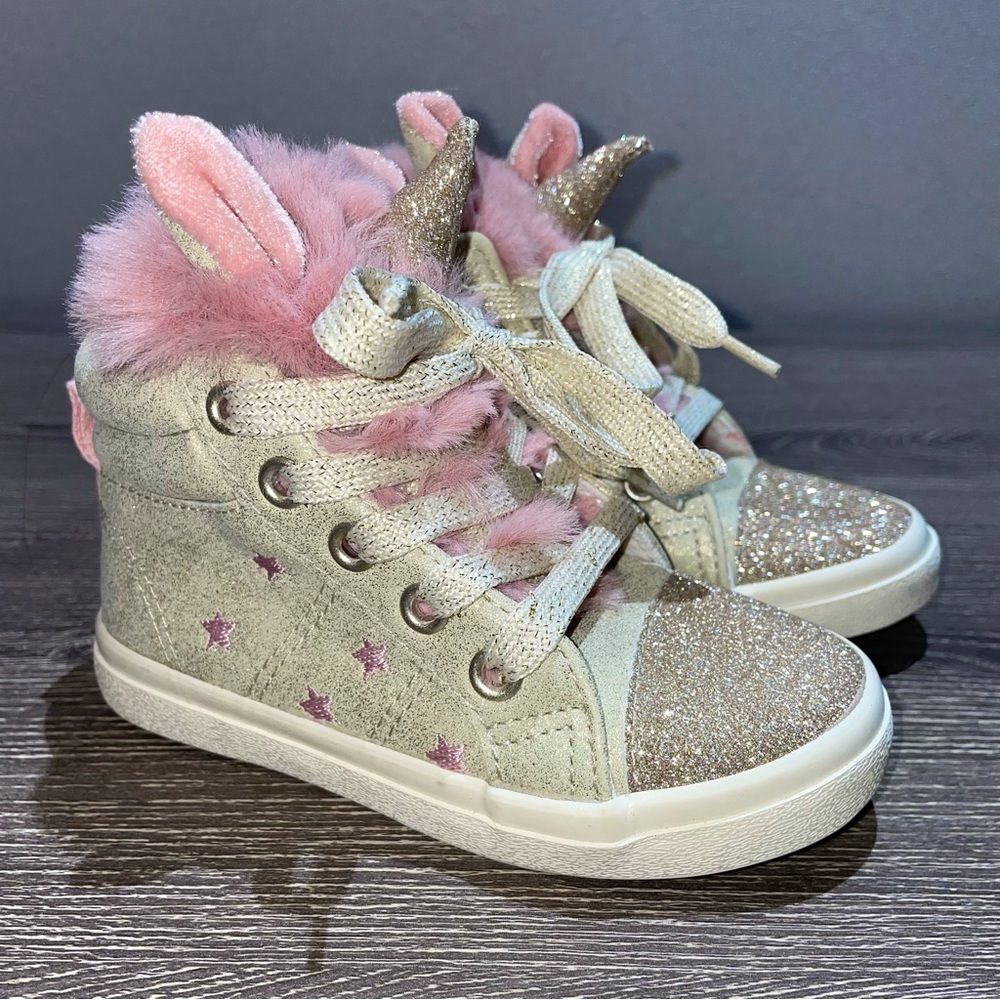 CAT & JACK GLITTER UNICORN Pink Fur Side Zipper High Top Shoes Size 7